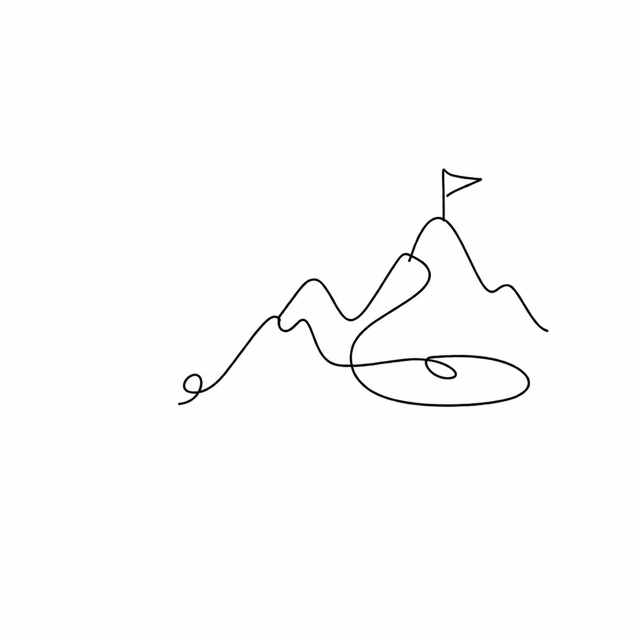 One-line ink illustration of mountains with a flag