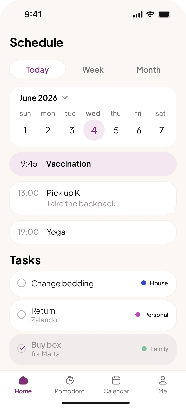 Daily planner: Schedule screen.