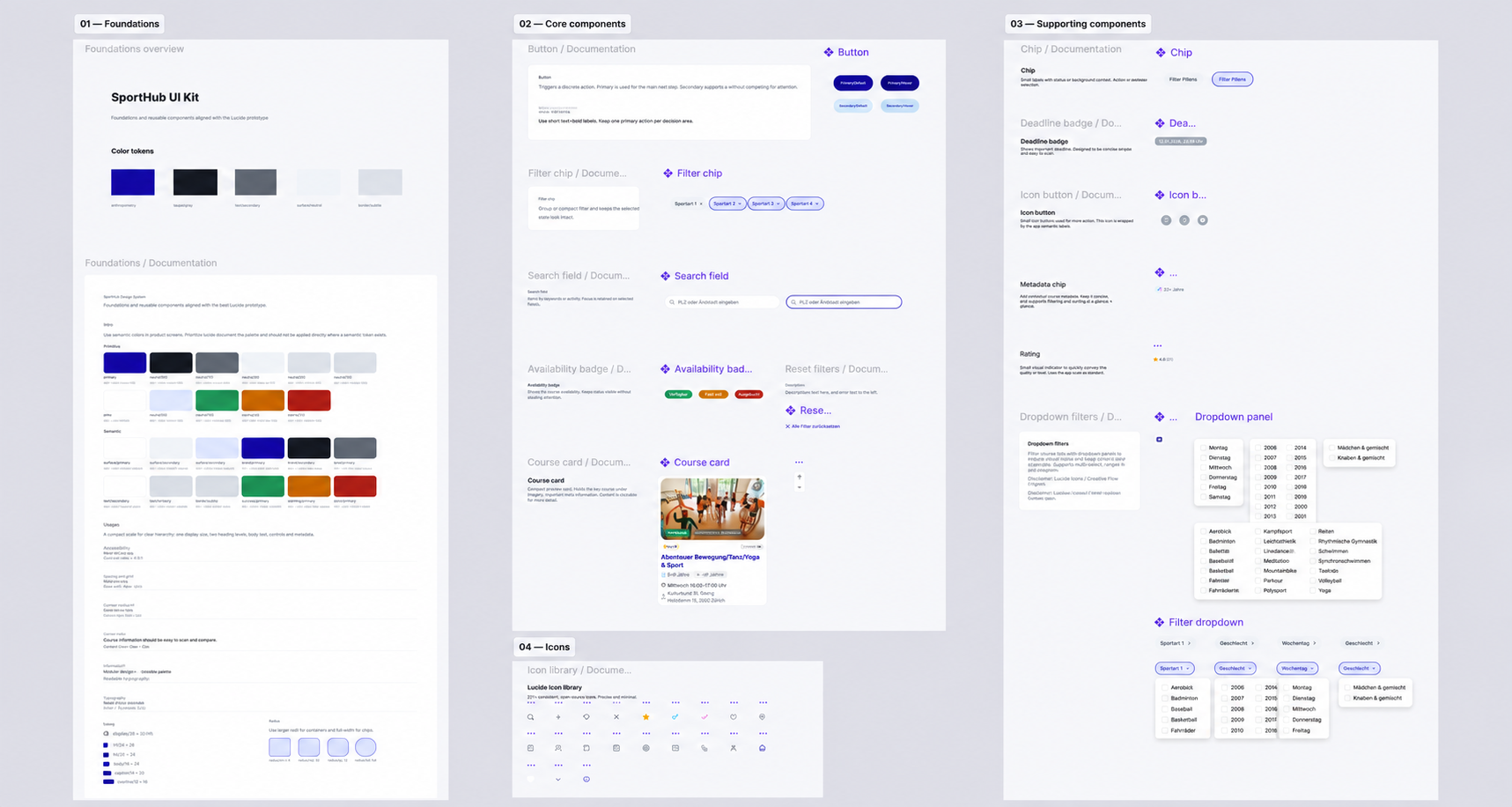 SportHub UI kit showing typography, colours and reusable interface components