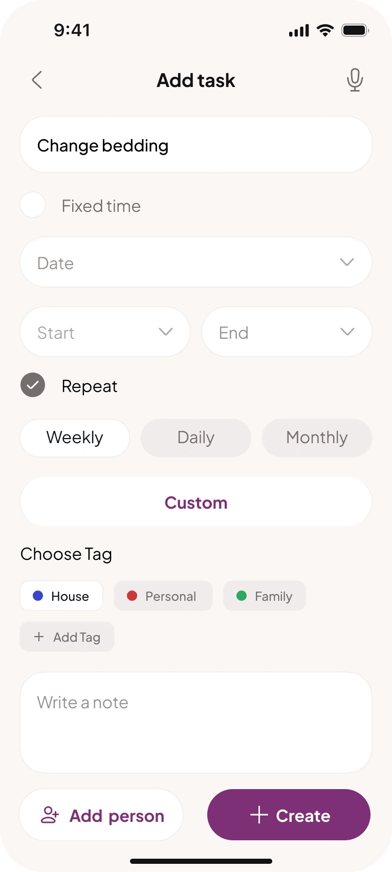 Daily planner: Add task screen.