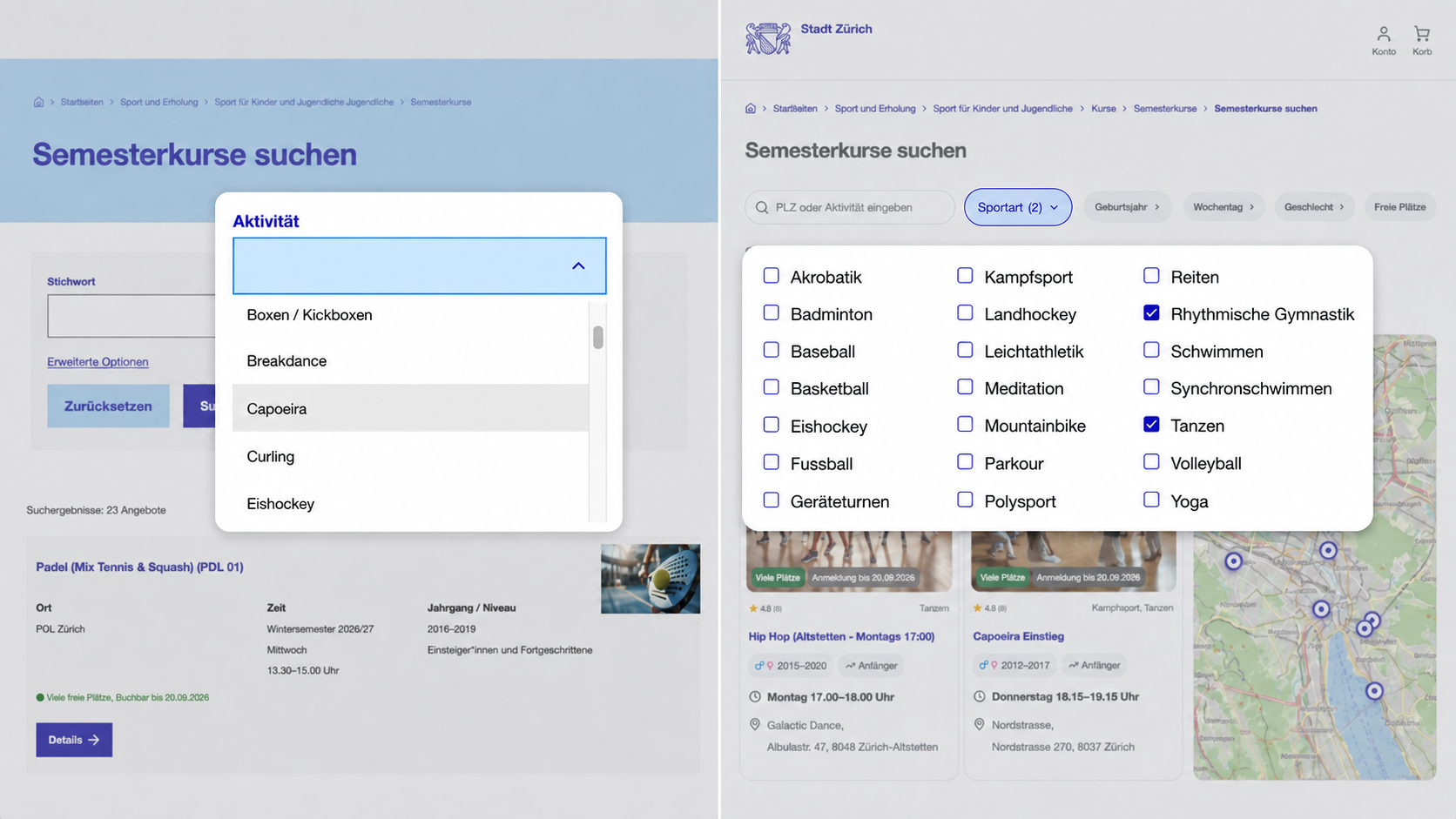 Before and after: sports selection changed from a dropdown to visible options, checkmarks and a selection counter