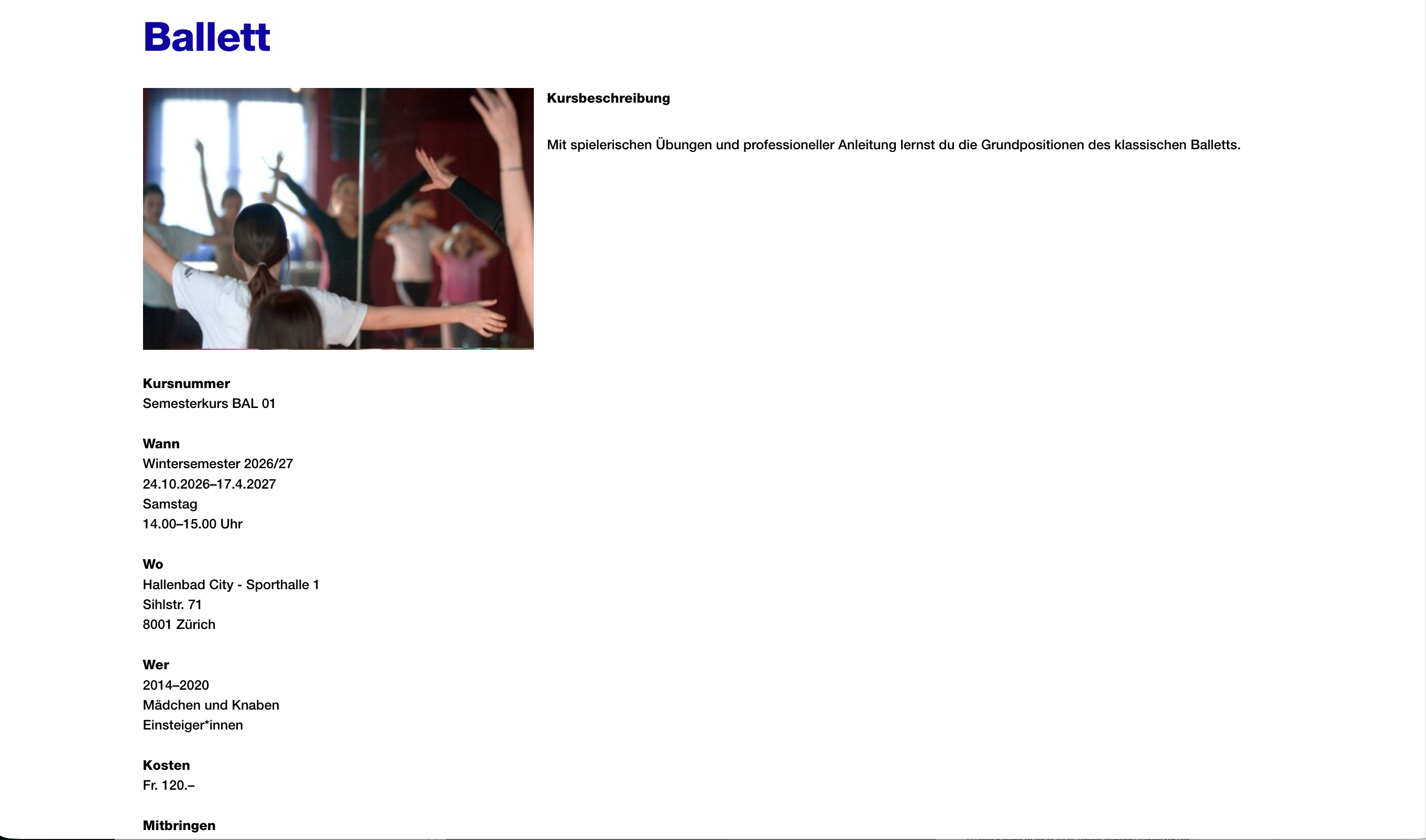 Original course page: information scattered across a long page