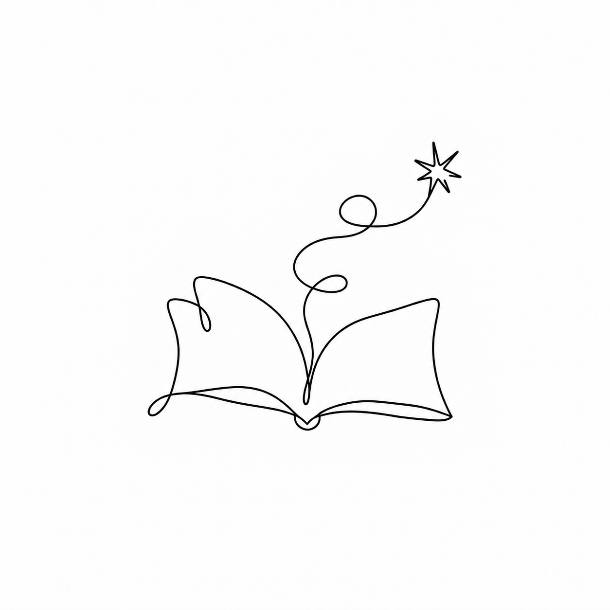 One-line ink illustration of an open book
